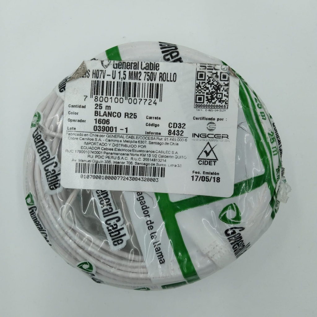 Alambre de cobre aislado 1,5 mm2 25 m Blanco